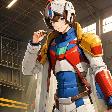 A young boy with brown hair and blue eyes stands in the hangar. He is wearing a white and blue pilot suit, with a helmet in his hand. He has always dreamed of piloting a gundam, and now he has the chance to join the elite team of Gundam pilots.The image is...