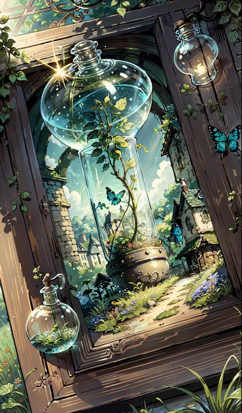 (masterpiece, highest quality:1.2), (Super detailed),(figure), wallpaper, original, Round bottom flask, Grass, vine, water, butterfly, nature, shining, wrapped in light, Terrarium, RPG style, Cartoonish, fantasy, mobile game,(shining)