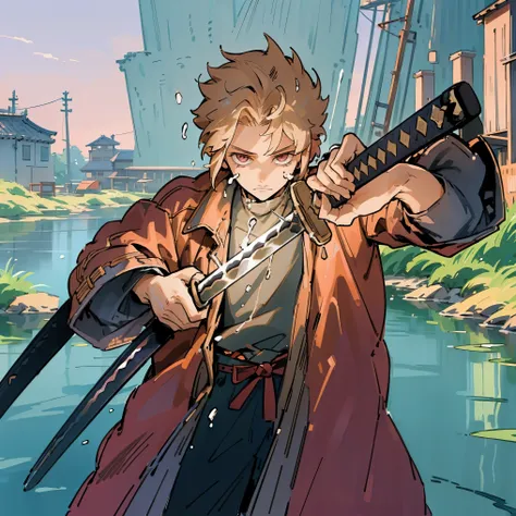 young male , short hair , spiky hair , light brown hair , fisherman village background , yukata , unsheathing sword , pink eyes