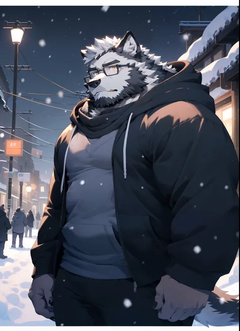 hairy，（Wolf，Black-rimmed glasses，hoodie，scarf，peaked cap），beard，white fur，male，Common，full body picture， dynamic poses，night，snow，street，Detailed background，极其lifelike阴影，masterpiece，Very detailed，lifelike