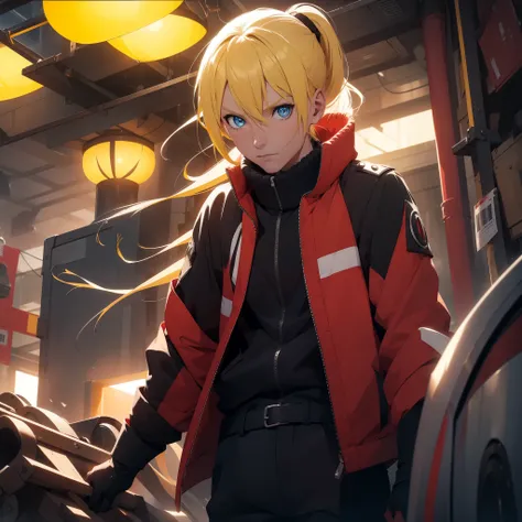 (26 years old), (male), Yellow hair, (Blue eyes), (Tied back ponytail), red scarf, red vest, sleeveless, black pants, black gloves, slim, up to legs