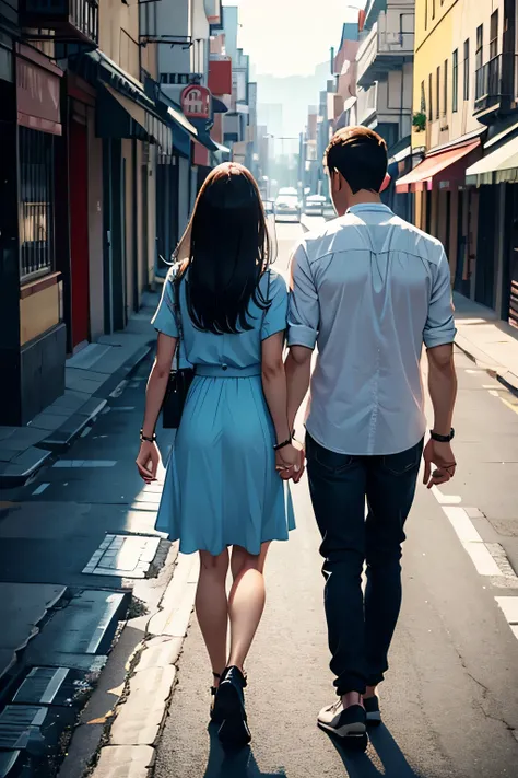 A woman hugging a man&#39;s back&#39;hands while walking on the road