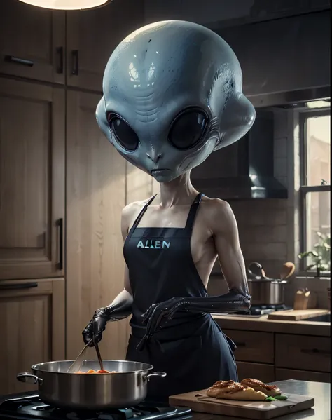 (an alien with a big head:1.4), apron and cooking in a kitchen, extraterrestrial, (best quality, 4k, highres, masterpiece:1.2), ...