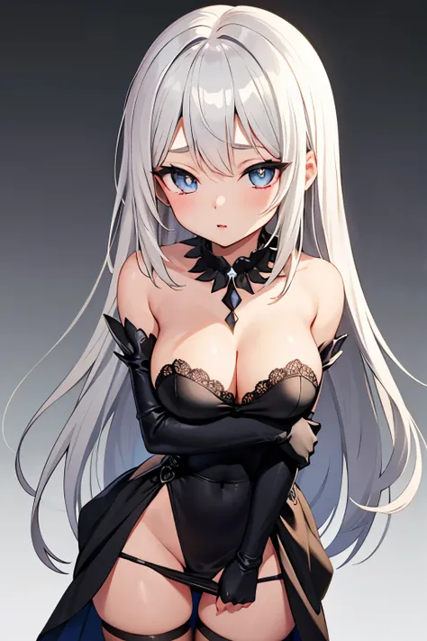 1girl, anime, cute girl, blank background, white background, fantasy, detailed dark fantasy dress with highlights, beautiful face, beautiful eyes, dark colors, silver hair, medium breasts, slight cleavage, beautiful skin, cute, breast curtains, extremely d...