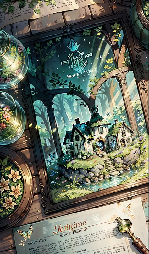 (masterpiece, highest quality:1.2), (Super detailed),(figure), wallpaper, original, Round bottom flask, Grass, vine, water, butterfly, nature, shining, wrapped in light, Terrarium, RPG style, Cartoonish, fantasy, mobile game,(shining)