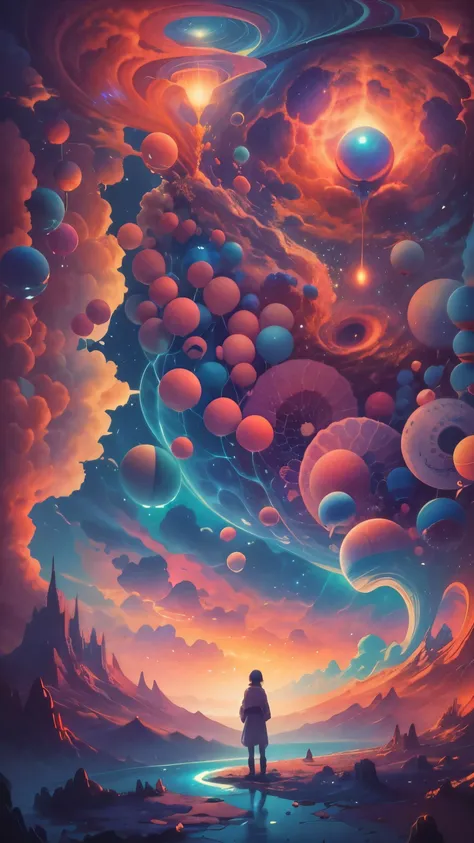 Obra maestra, 4k, Ultra Resolution, Best image resolution, Stunning illustration depicting a persons inner universe, mostrando sus pensamientos, Emotions and dreams in a surreal and magical landscape. Use vivid colors and meaningful symbols to reflect the ...