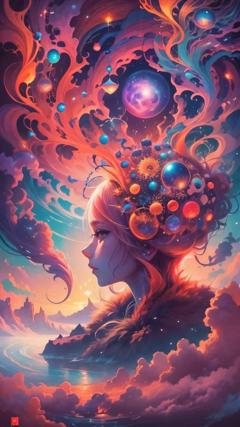 Obra maestra, 4k, Ultra Resolution, Best image resolution, Stunning illustration depicting a persons inner universe, mostrando sus pensamientos, Emotions and dreams in a surreal and magical landscape. Use vivid colors and meaningful symbols to reflect the ...