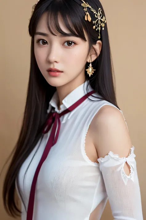 highest quality, (realistic:1.2), 1 girl, alone, detailed face, face focus, Are standing, black hair,(hair ornaments:1.35),office lady, ribbon trimの袖, removed sleeve, ribbon trim, wide sleeve, (looking at the viewer:1.5) long hair, black eye, bangs, lips,