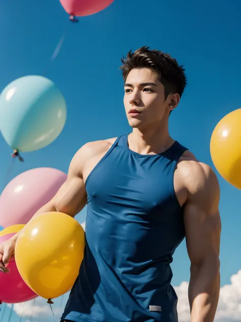 one naked muscular boy, Balloon in hand, Face the lens...In the background are a lot of colorful balloons that have risen into the air. blue-sky