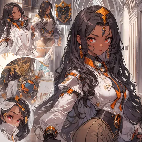 ((Masterpiece, Highest quality)), Detailed face, CharacterDesignSheet， full bodyesbian, Full of details, Multiple poses and expressions, Highly detailed, Depth, Many parts，Beautiful spy，dark brown skin, Holding a shield，long black hair，red eyes, estilo fan...