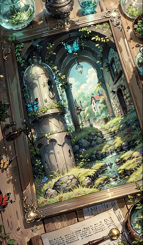 (masterpiece, highest quality:1.2), (Super detailed),(figure), wallpaper, original, Round bottom flask, Grass, vine, water, butterfly, nature, shining, wrapped in light, Terrarium, RPG style, Cartoonish, fantasy, mobile game,(shining)