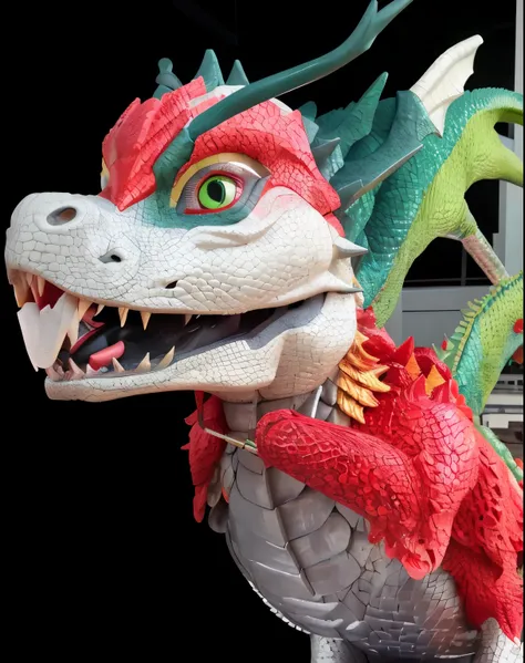 There is a dragon statue，There was a cyclist on it, as an anthropomorphic dragon, wearing a dragon mask, but as an anthropomorphic dragon, anthropomorphic dragon, lifelike puppets, with faucet, faucet, Lifelike and lifelike dragon, Sculpted dragon-like fea...