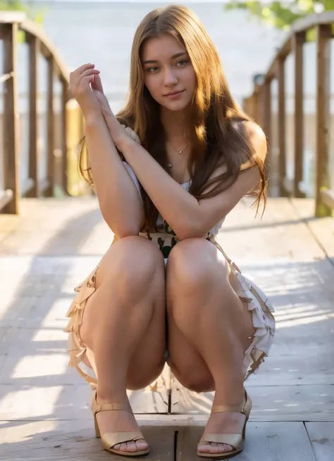 arafed woman kneeling on a wooden bridge with her hands on her knees, pretty face with arms and legs, young and cute girl, a cute young woman, cute young woman, anna nikonova aka newmilky, good hips and long legs, hugging her knees, massive legs towering o...