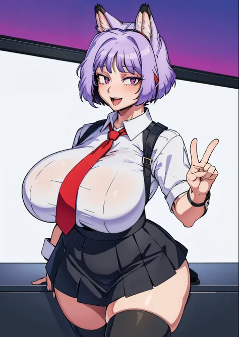 1girl,(solo),gigantic breasts, wide hips, thick thigs,dynamic pose, school uniform, black skirt, white shirt, red necktie, thighhighs, black choker, smile, :d, white hair, purple eyes, cat ears, short hair, extremely detailed eyes, (huge breasts:1.2) 