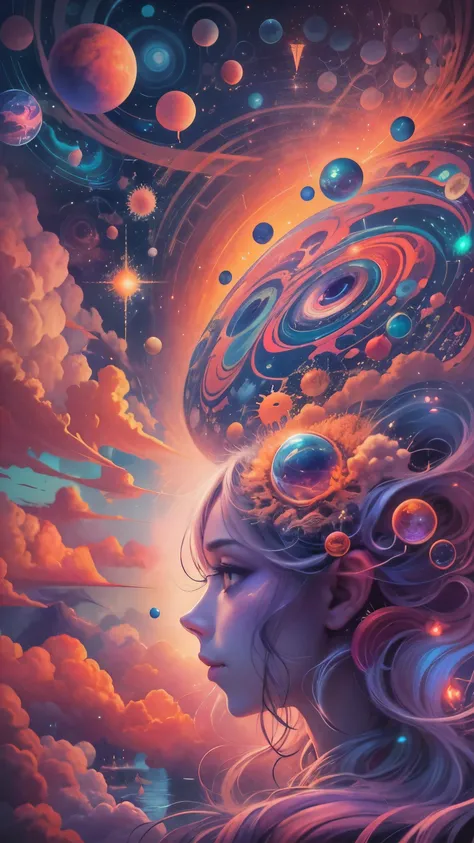 Obra maestra, 4k, Ultra Resolution, Best image resolution, Stunning illustration depicting a persons inner universe, mostrando sus pensamientos, Emotions and dreams in a surreal and magical landscape. Use vivid colors and meaningful symbols to reflect the ...