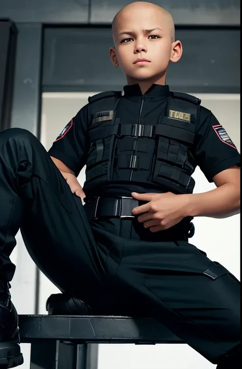 kid boy, 11 years old, wear tactical gear, shave head, wear cap, sit down, tactical trouser bulge, open leg with tactical trouser bulge groin crotch, look from below, no naked, wear uniform trousers belt gear gun boot, rape pose