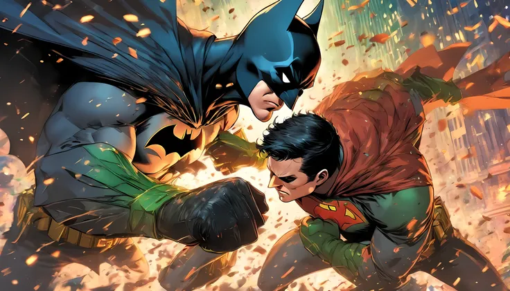 fighting scene between batman and robin, punching each other