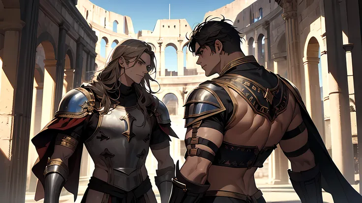 2 man gladiator, in colloseum, 1 big muscular body, the other is thin body, medieval times, ready for battle, The two men both stepped forward at the same time. As they approached each other, the lack in  physique became all the more apparent. 