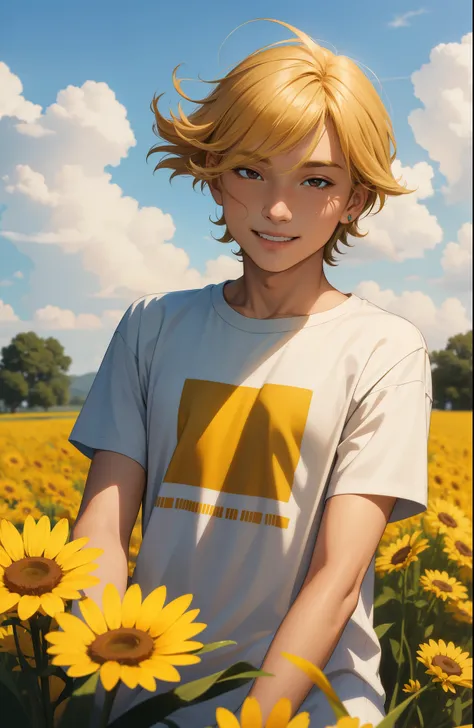 light, summer, sky, field, guy, teenager, golden hair, brown eyes, smiling, cheerful look, in an 80e T-shirt, light, village.