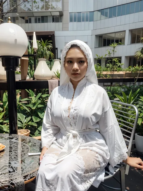 malaysian woman, (30 years old), plump, wearing a lace motif hijab, white lace robe,