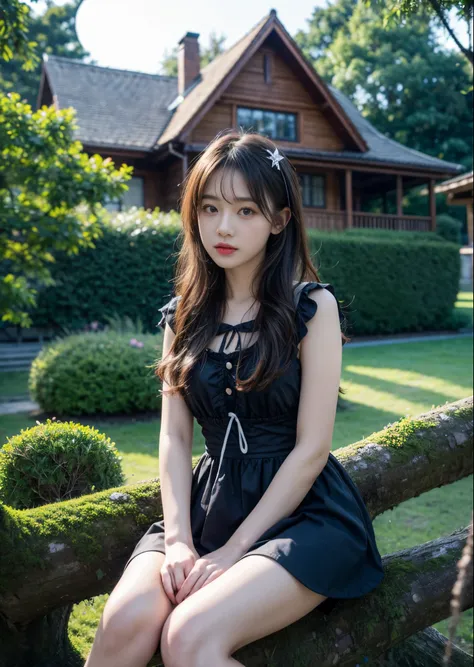 In front of a small house with moss that looks like a fairy tale、lolita fashion、cute girl、16-year-old girl、sitting on a thick branch in front of the house、1 yellow moon rising in the sky、I can see a small star、flowers around、in the deep forest、night、perfec...