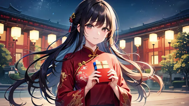 (masterpiece, top quality, best quality, official art, Beautiful and beautiful:1.2), (1 girl:1.3), (fractal art:1.3),Woman in red sweater holding red envelope with Chinese writing, a happy stills, she expressed joy, Wearing a red cheongsam, chinese woman, ...