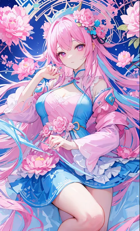 Pink blue peony flowers for decoration，light pink blue long hair，Dark pink and dark blue and white clothes，Fairy Sister of Hehuan Sect，A crazy beauty who knows how to whip slaves！