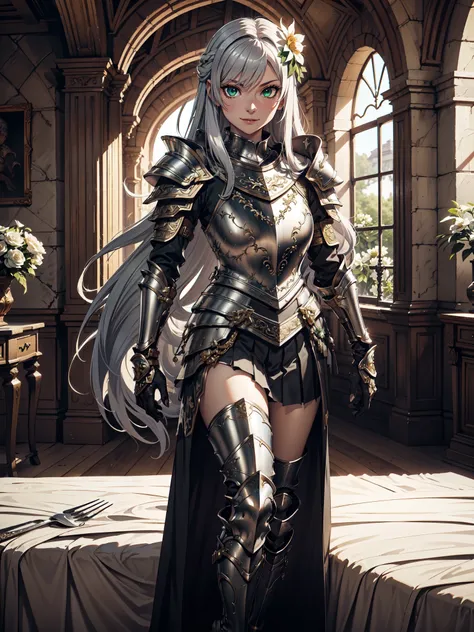 Ultra High Definition, Ultra High Quality, Hyper Definition, Hyper Quality, Hyper Detailed, Extremely Detailed, Perfectly Detailed, 8k, 1 Anime Female, ((Long Silver Hair)), Noble Armor, ((Luxury Pleated Skirt)), Gloves, Solid Green Eyes, Cheerful Expressi...