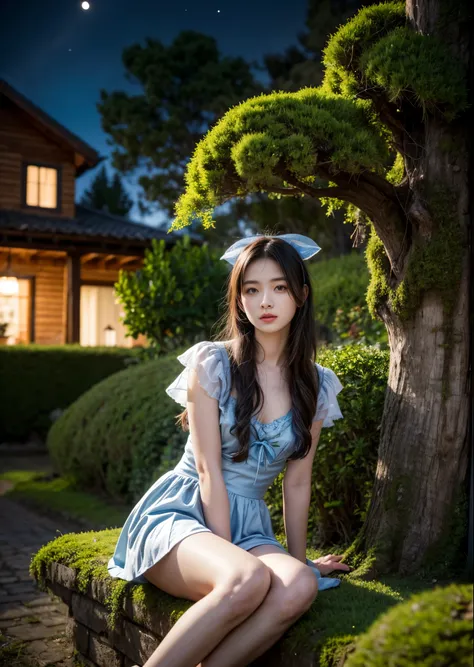 In front of a small house with moss that looks like a fairy tale、lolita fashion、cute girl、20 year old girl、sitting on a thick branch in front of the house、I can see a small star、flowers around、in the deep forest、night view、perfect ambient light、sharp focus...