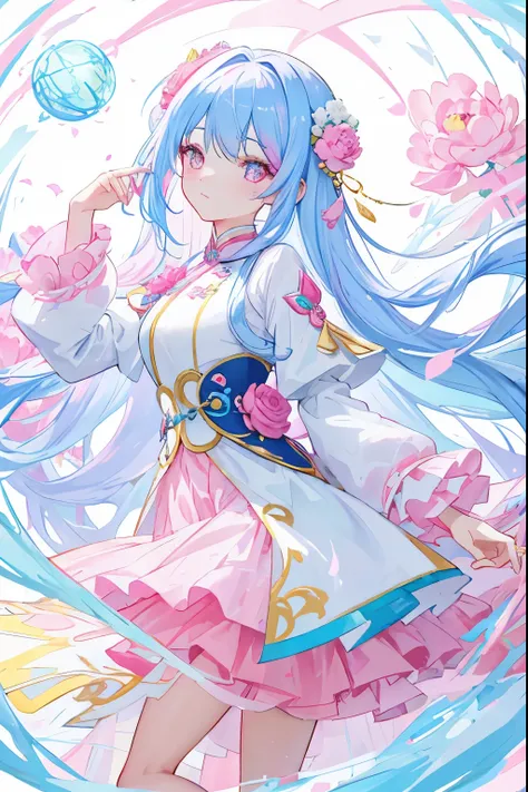 Pink blue yellow peony flowers for decoration，light pink blue long hair，Dark pink blue and white clothes，Fairy Sister of Hehuan Sect，A crazy beauty who knows how to whip slaves！