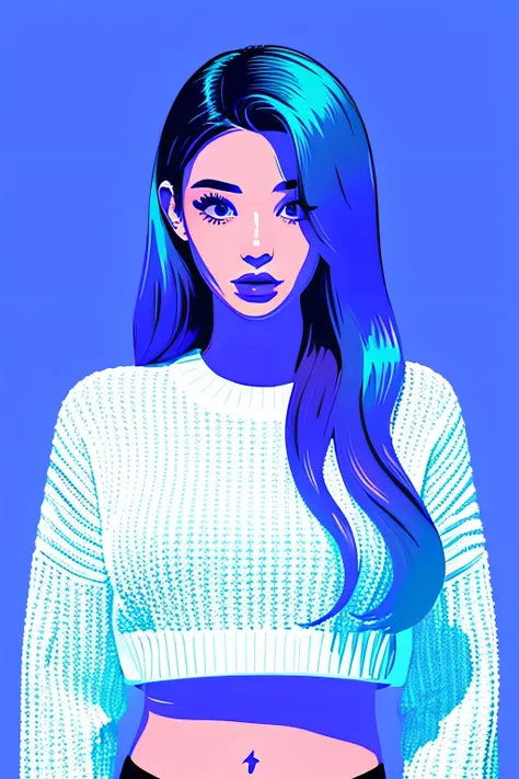 Illustrator, vector art, 1girl, lip, Sweater, blue gradient background, Neon hair, Textured crop top