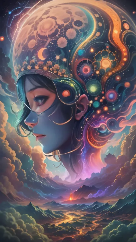 Obra maestra, 4k, Ultra Resolution, Best image resolution, Stunning illustration depicting a persons inner universe, mostrando sus pensamientos, Emotions and dreams in a surreal and magical landscape. Use vivid colors and meaningful symbols to reflect the ...