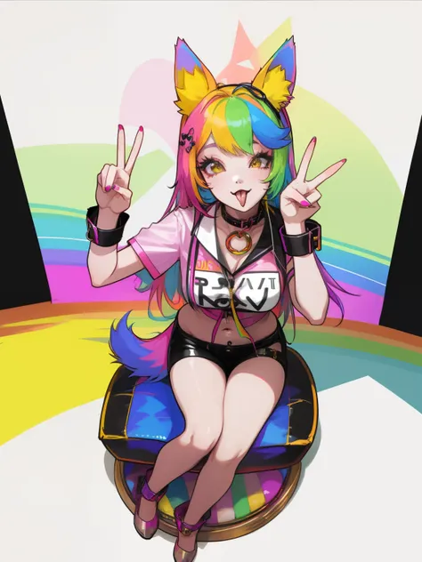 woman in dog ears, rainbow hair, full body view, dog collar, peace, sign, tongue out, rainbow living room, sitting, looking up,