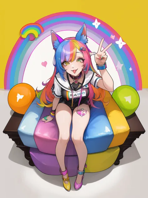 woman in dog ears, rainbow hair, full body view, dog collar, peace, sign, tongue out, rainbow living room, sitting, looking up,