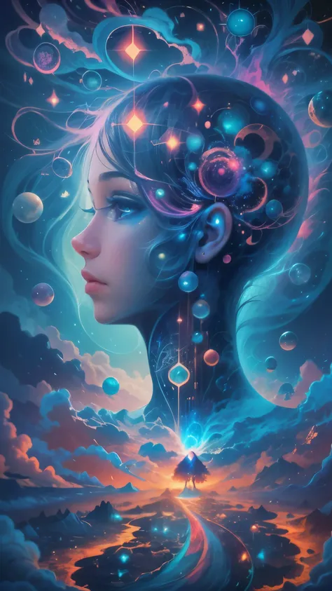 Obra maestra, 4k, Ultra Resolution, Best image resolution, Stunning illustration depicting a persons inner universe, mostrando sus pensamientos, Emotions and dreams in a surreal and magical landscape. Use vivid colors and meaningful symbols to reflect the ...