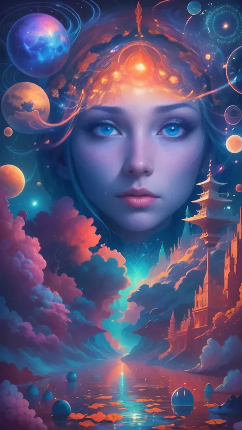 Obra maestra, 4k, Ultra Resolution, Best image resolution, Stunning illustration depicting a persons inner universe, mostrando sus pensamientos, Emotions and dreams in a surreal and magical landscape. Use vivid colors and meaningful symbols to reflect the ...