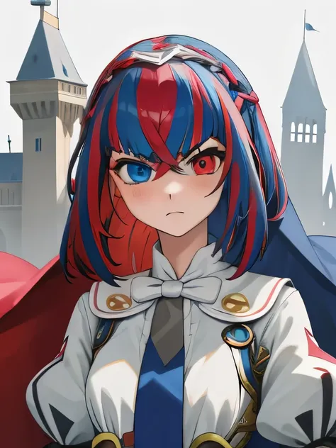 , 1girl, solo, aleardef, heterochromia, serious, castle