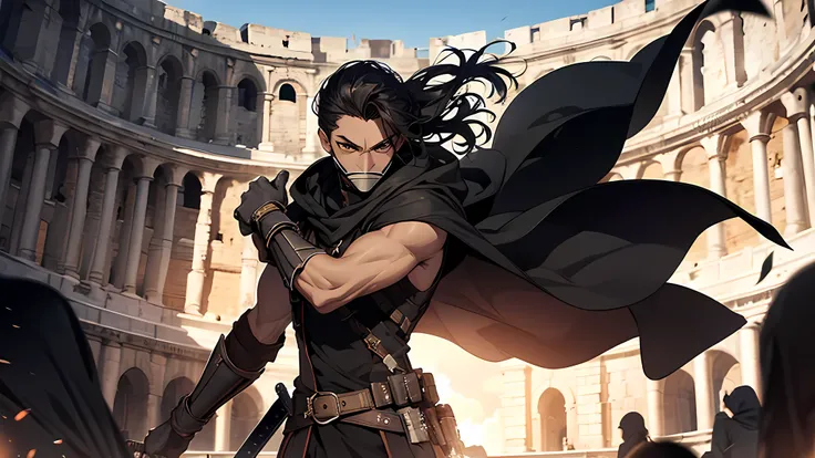 thin young man, dark skin wearing mask, V-shaped vendetta wears a golden mask, holding sword, in a center of colloseum arena, gladiator, intricate muscular details, long black hair tied up