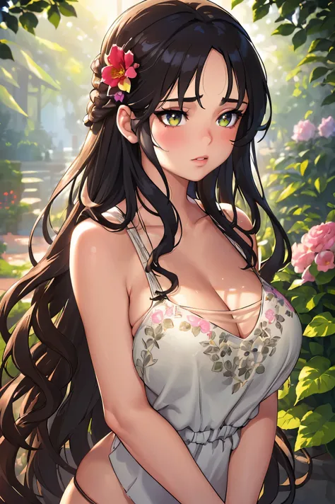 (best quality,ultra-detailed,masterpiece:1.2),1girl,beautiful detailed eyes,beautiful detailed lips,longeyelashes,brunette hair,tan skin,delicate facial features,bra under tank top,bra,tank top,loose wavy hair,floral garden background,soft sunlight,etherea...