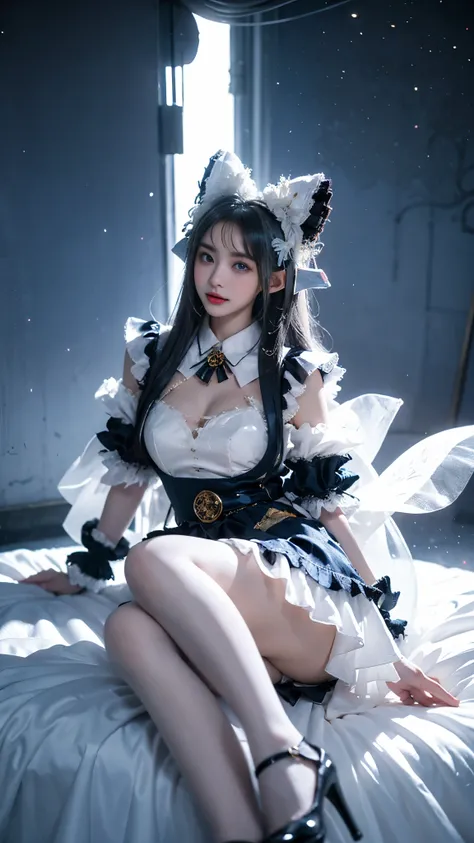 shinano cosplay costume, cosplay, thighhighs, high heels, see-through, fox tail, multiple tails, In the depths of Wonderland，The moonlight falls like water，foggy room，The figure of the heroine is vaguely visible，Just like the fairy in the painting，Slender ...