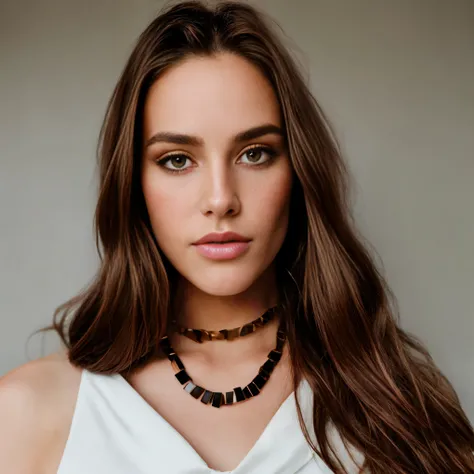 Emelle Smith, clone, european, brown hair, long hair, modern, model, attractive, with birthmark, sexy lip, weared modern necklace, straight pose, age 28, hooded eyes,