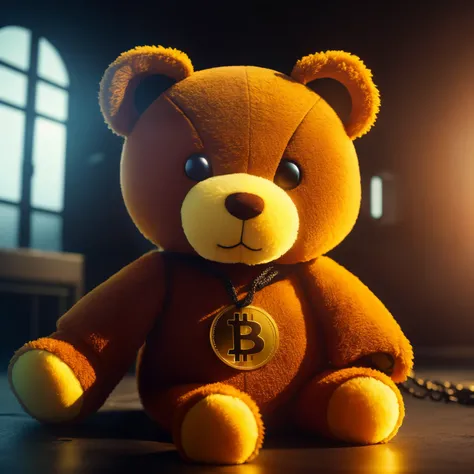 Create breathtaking masterpieces with stunning effects, Plush Teddy, Use Bitcoin Necklace, Wet, (cyber punk:1.1), sunny, spectacular realistic, rutkowski, HDR, intricate details, very detailed, cinematic, rim light, bright color D