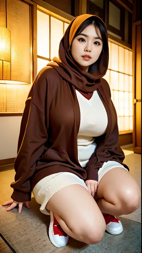 there is a woman sitting down with a longest brown hijab, bbwchan, thicc, brown hijab outfit, brown hijab fashion model, korean ...