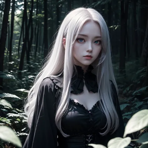 ((best quality)), ((masterpiece)), (detailed), perfect face, ghotic anime, 80s anime, darkfantay, darkfantasy anime girl, girl midjourney, darkacademia, in the dark forest, long white hair, red eyes, dark personality, odd eyes one red and one full black, 8...