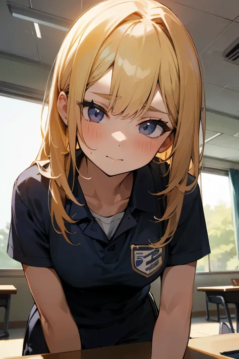 beautiful, masterpiece, best quality, extremely detailed face, perfect lighting, (absurdres), (ultra detailed, 8K, ultra highres:1.2), perfect lighting, (1 girl:1.2), above shoulder, BREAK, gym uniform, buruma, school, classroom, face down on the desk, blo...