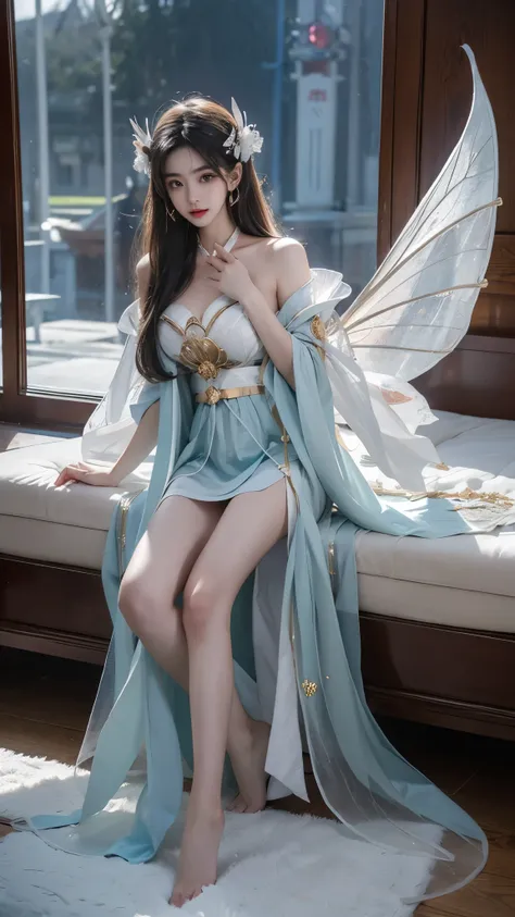 In the depths of Wonderland，The moonlight falls like water，foggy room，The figure of the heroine is vaguely visible，Just like the fairy in the painting，Slender sexy legs，Very nice legs，Leaking legs，Don’t cover your legs with clothes，Beautiful big breasts而又带...