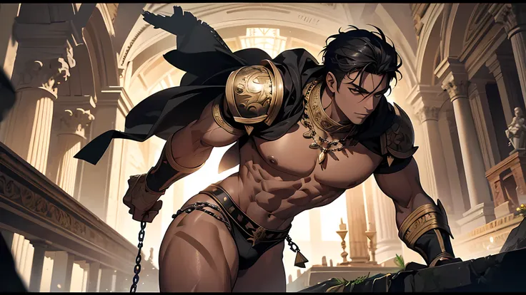 Muscular gladiator, upper body revealed, legs uncovered from thighs to feet, intricate muscular details, dark skin, short black hair, ready to attack, photorealistic artwork, 4K resolution. Background: Ancient Roman arena,32k uhd, best quality, masterpiece...