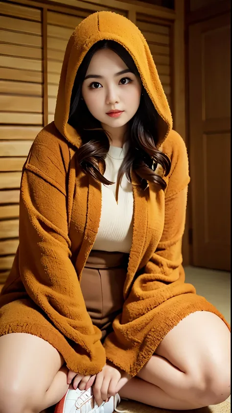 there is a woman sitting down with a longest brown hijab, bbwchan, thicc, brown hijab outfit, brown hijab fashion model, korean girl, korean woman, wearing brown robe, full length shot, alluring plus sized model, japanese goddess, clothed in hooded, volupt...
