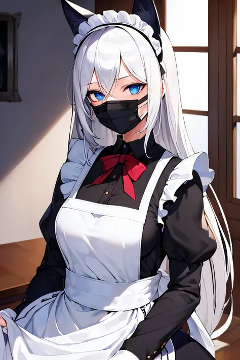 (((masterpiece))), top quality, super detailed, animal ears,  white hair,Blue eyes ,woman,maid outfit,Black mask covering face,Cold gaze,Polite