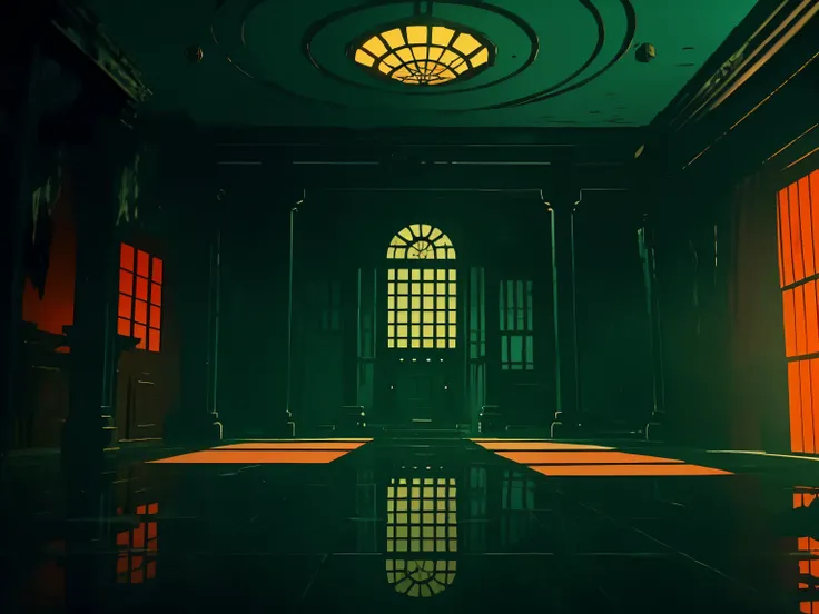 DVD screengrab from anime film, (horror mansion interior:1.4), clouds on green sky, flat colors, retro anime